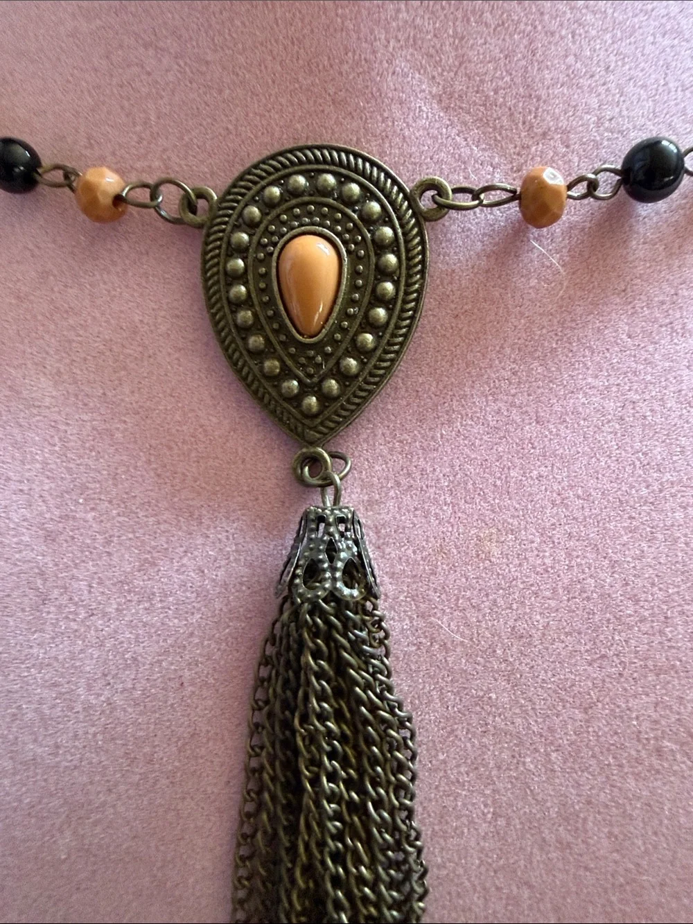 Boho Tassel Pendant Necklace in Amber and Black, 32”, 5” Tassel Drop, (J0118)